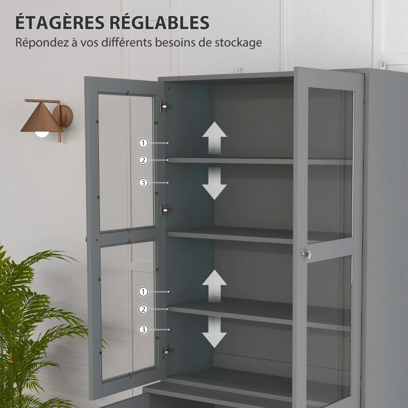 HOMCOM Bibliothèque vitrine, meuble de rangement à 6 niveaux avec 4 portes dont 2 en verre trempé, étagères réglables, gris