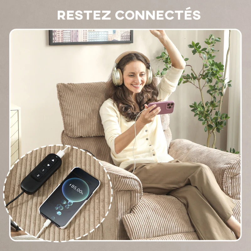 HOMCOM Fauteuil relax électrique massant et chauffant, fauteuil inclinable en velours côtelé, moteur ultra-silencieux, marron