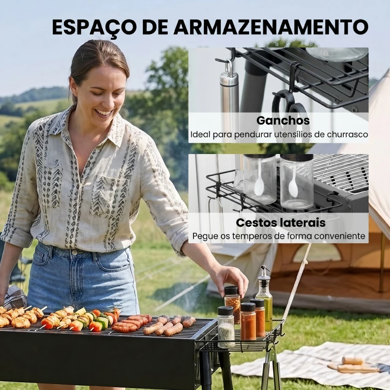 Outsunny Barbecue a Carvão com 2 Grelhas de Aço Inoxidável Portátil com 2 Prateleiras para Temperos com Ganchos 77x30x70 cm Preto