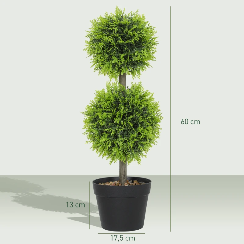 HOMCOM Lot de 2 plantes artificielles décoratives, boules de buis artificiel 60 cm avec pot, plastique, vert