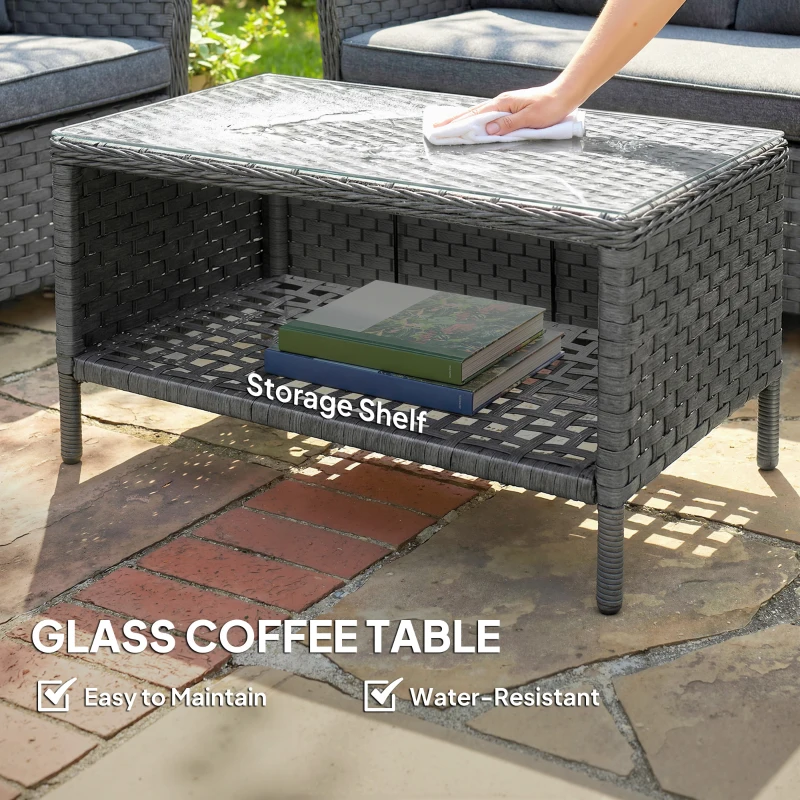 Outsunny 4-Piece Wicker Patio Furniture Set with 2 Armchairs, Loveseat, Glass Coffee Table, Conversation Sofa Set, Dark Grey