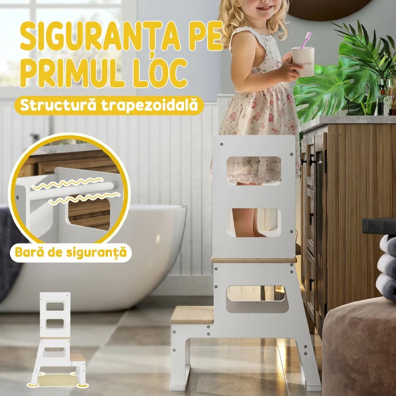 AIYAPLAY Turn Montessori pentru Copii cu Tablă și Balustradă, din Lemn, 55x52.5x87.5 cm, Alb și Lemn Natur