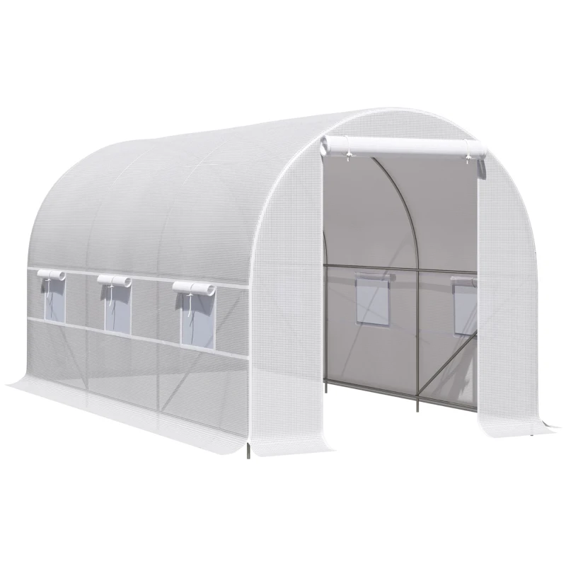 Outsunny Serre tunnel de jardin 8m², serre de jardin tunnel avec porte et 6 fenêtres, bâche PE 140 g/m² 400 x 200 x 200 cm blanc