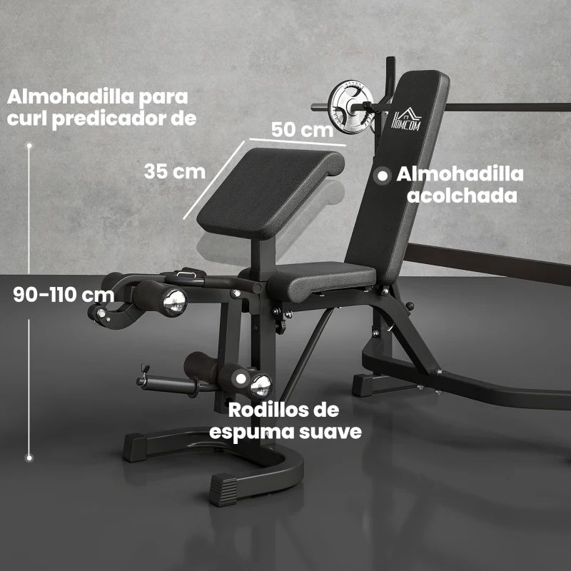 HOMCOM Banco de Musculación Multifuncional Banco de Pesas con Respaldo Inclinable y Soporte de Barras Altura Ajustable para Entrenamiento Cuerpo Completo Ginmasio Carga 300 kg 187x140x117-136 cm Negro