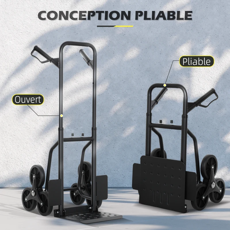 DURHAND Diable d'escalier pliable 120 kg 6 roues, diable demenagement en acier avec cordes télescopiques, 44x67x106,5cm, noir