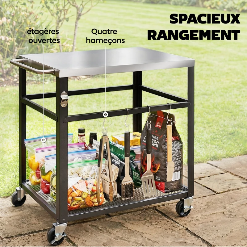 Outsunny Desserte jardin chariot de barbecue sur roulettes plateau en acier inoxydable étagère crochets, 82 x 55 x 79 cm, noir