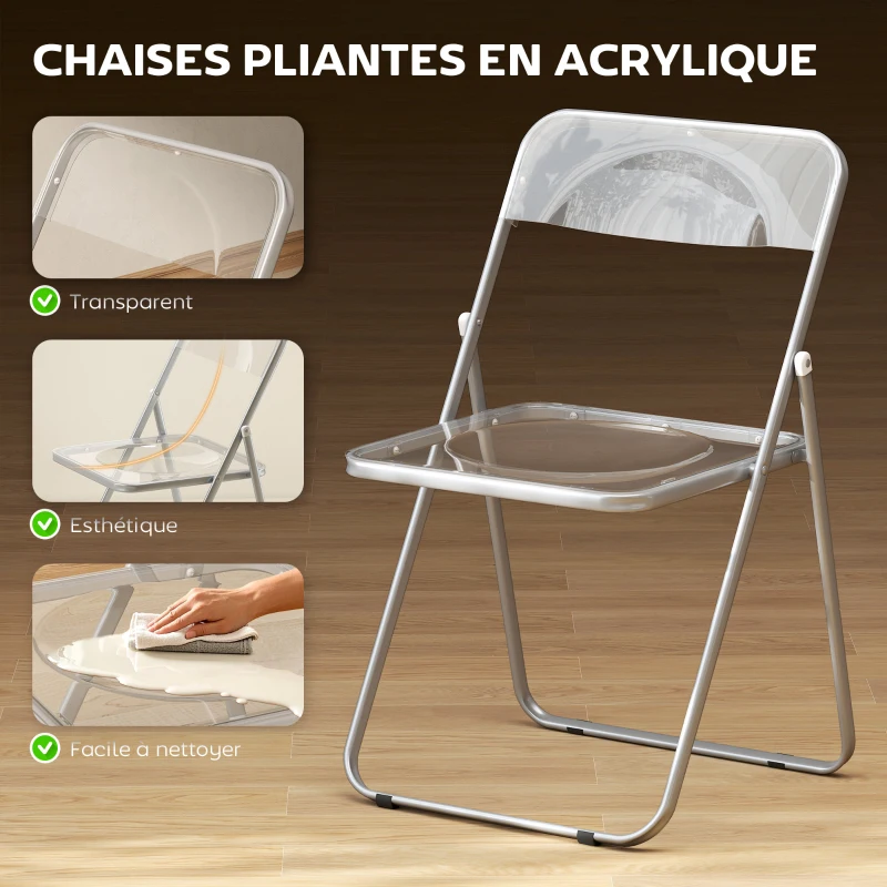 HOMCOM Lot de 4 chaises pliantes en acrylique et acier, chaises pliantes portables pour maison, salle à manger, transparentes