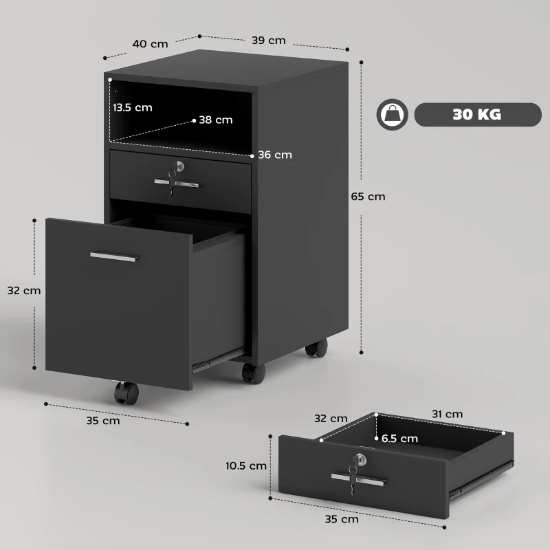 Vinsetto Cassettiera da Ufficio Portadocumenti in Legno con 2 Cassetti e Ripiano Aperto, 39x40x65 cm, Nero