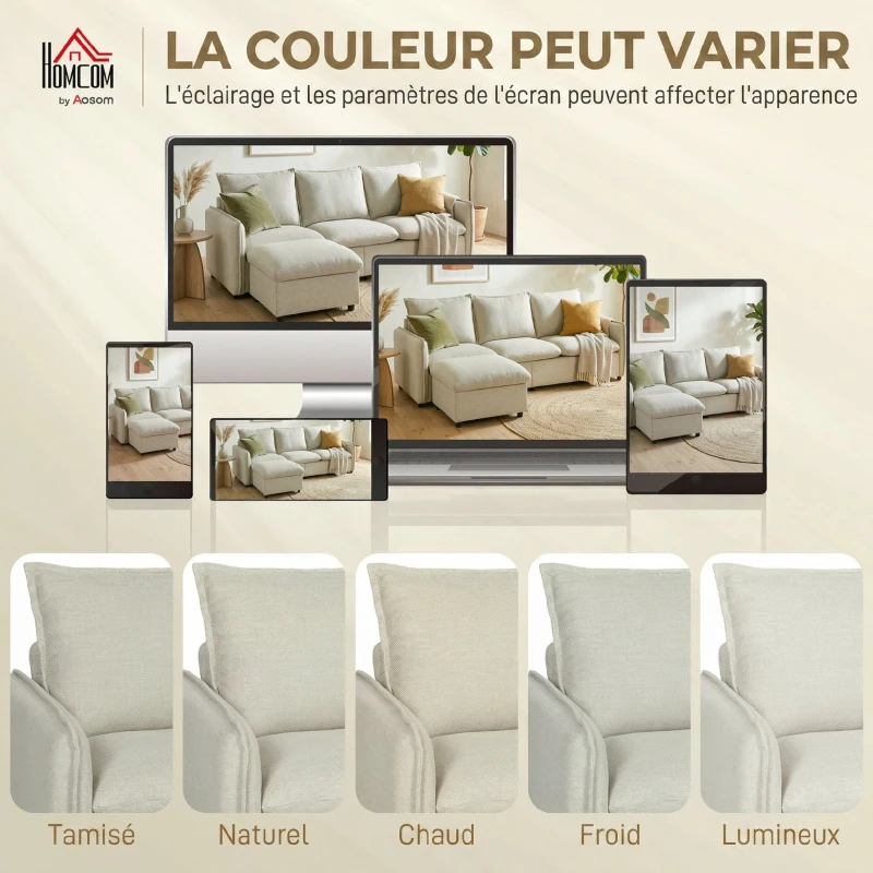 HOMCOM Canapé 3 places avec pouf de rangement, canapé d'angle modulable 212 cm, coussins à ressorts, tissu en lin, crème