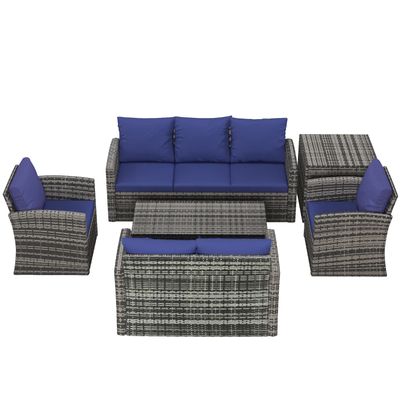 Outsunny 6 Pieces Rattan Garden Furniture Set, 7 Seater Wicker Outdoor Furniture Set with Storage Tea Table & Side Table, Sectional Garden Sofa Set with Cushions, Navy Blue
