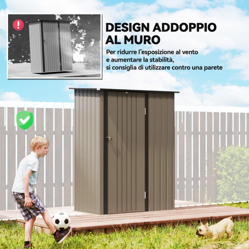 Outsunny Capanno Porta Attrezzi in Metallo con Tetto Inclinato e Porta Bloccabile, 142x86x189 cm, Marrone