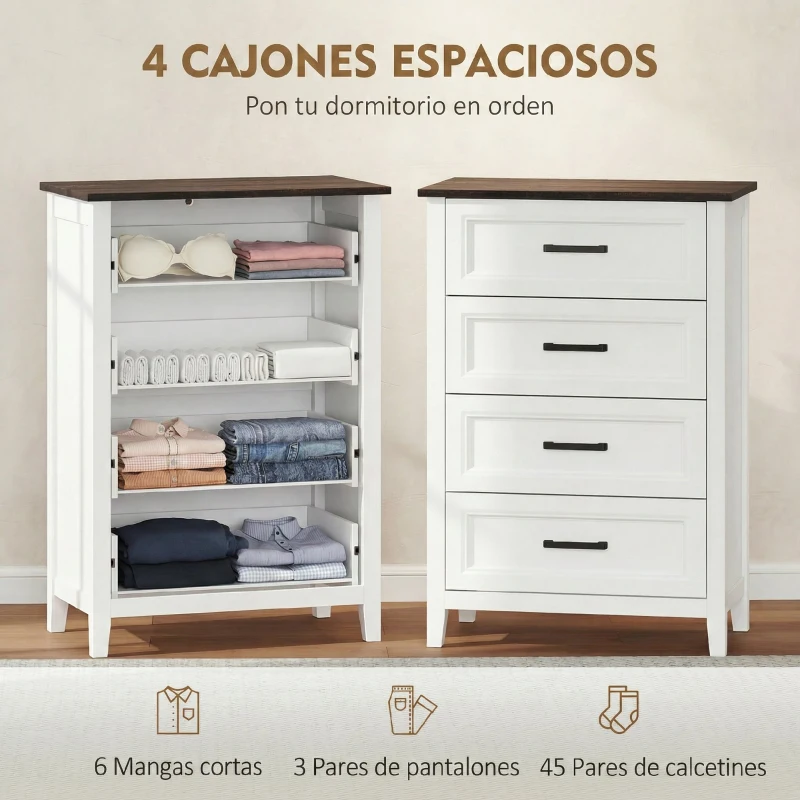HOMCOM Cómoda Dormitorio Estrecho y Alto con Encimera Efecto Madera Cajonera para Espacios Pequeños 60x35x87 cm Blanco