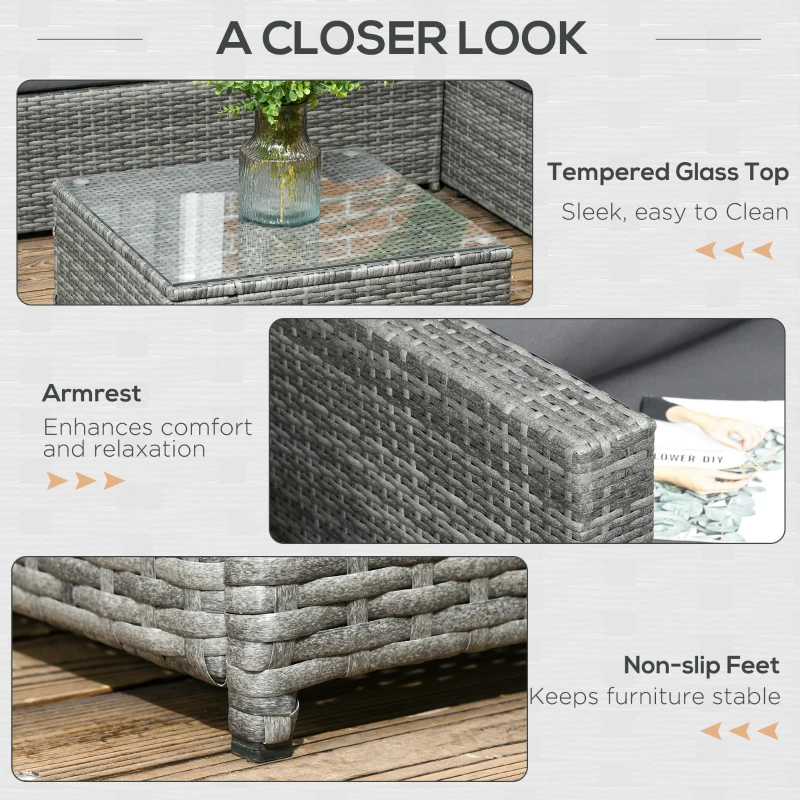 Outsunny 3 Pieces PE Rattan Garden Furniture Set with 10 cm Thick Cushions, 4 Seater Garden Corner Sofa Set with Glass Top Coffee Table, Outdoor Furniture for Patio, Porch, Grey