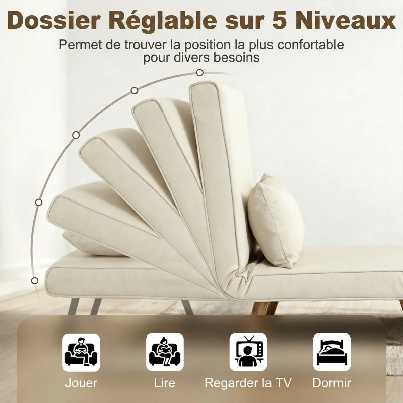 HOMCOM Fauteuil chauffeuse convertible 3 en 1 lit fauteuil lit 1 place dossier 5 positions en tissu avec coussin, crème