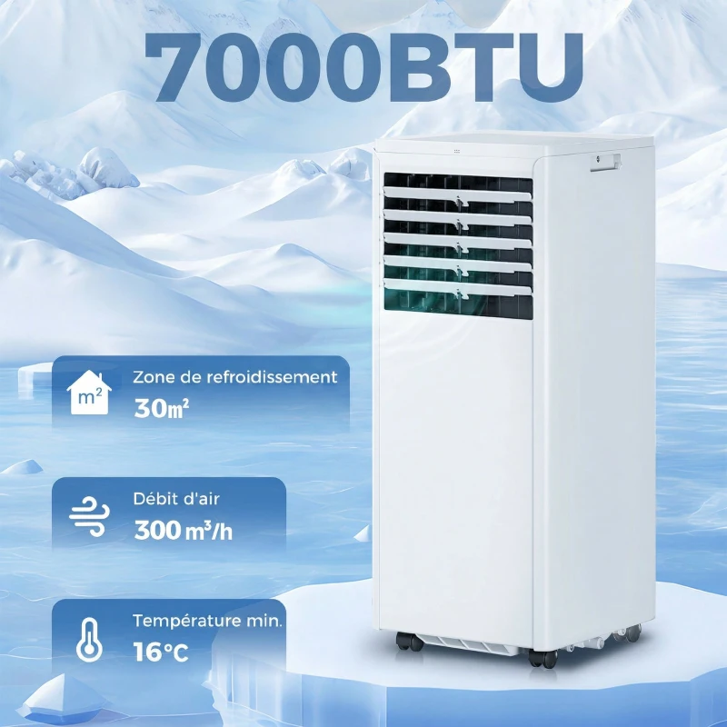 HOMCOM Climatiseur mobile 7000 BTU, climatiseur portable 4 en 1, refroidissement, déshumidificateur, ventilateur, mode nuit