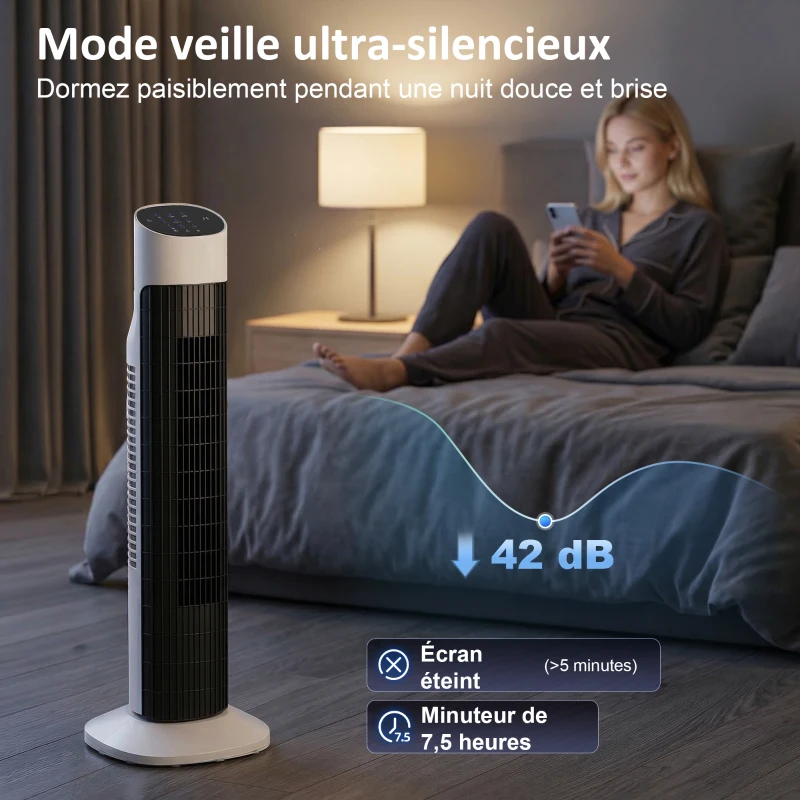 HOMCOM Ventilateur colonne, ventilateur tour pour chambre, oscillant 70°, écran LED, télécommande, minuterie 12H, blanc et noir