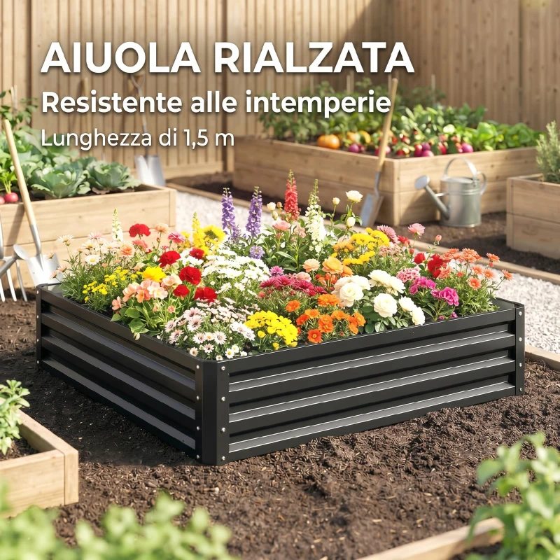 Outsunny Letto per Orto Rialzato a Fondo Aperto con Rivestimento, in Acciaio Zincato, 120x120x30 cm, Grigio