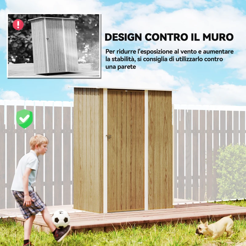 Outsunny Capanno Porta Attrezzi in Metallo con Tetto Inclinato e Porta Bloccabile, 142x86x189 cm, color Legno
