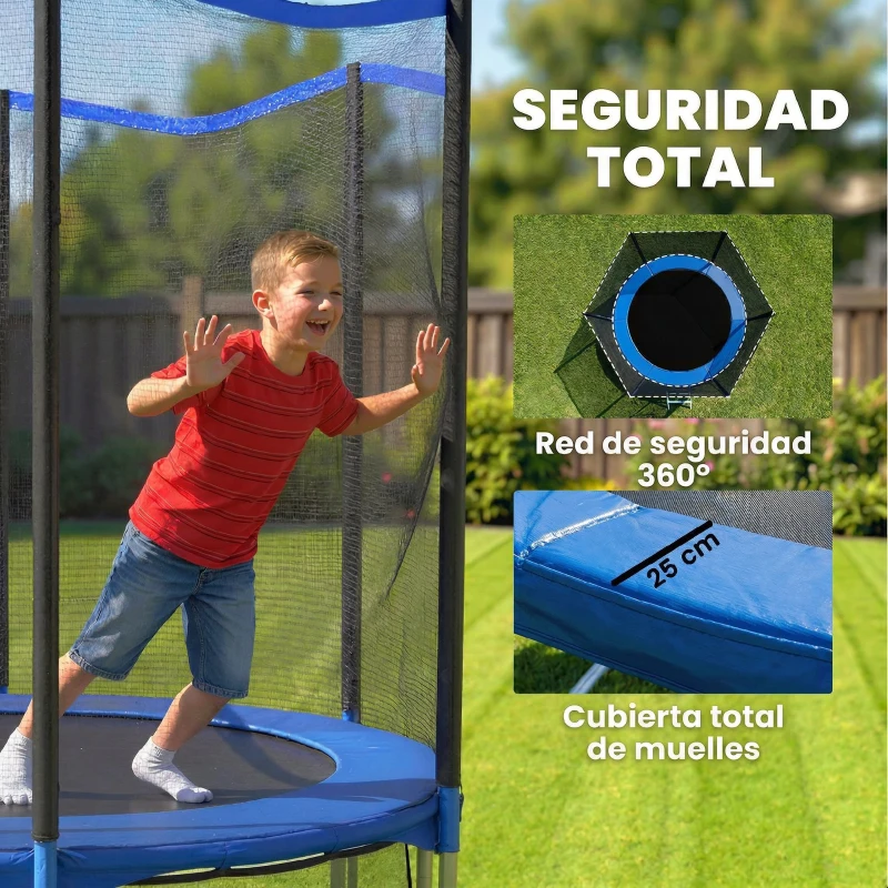 SPORTNOW Cama Elástica Exterior Ø183 cm Trampolín para Niños de +6 Años Adultos con Red de Seguridad Escalera de 2 Peldaños Azul