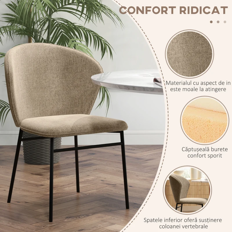 HOMCOM Scaun de masă, Design contemporan și elegant, Material textil cu efect de in, Oțel, 52 x 55 x 80 cm,  Maro deschis