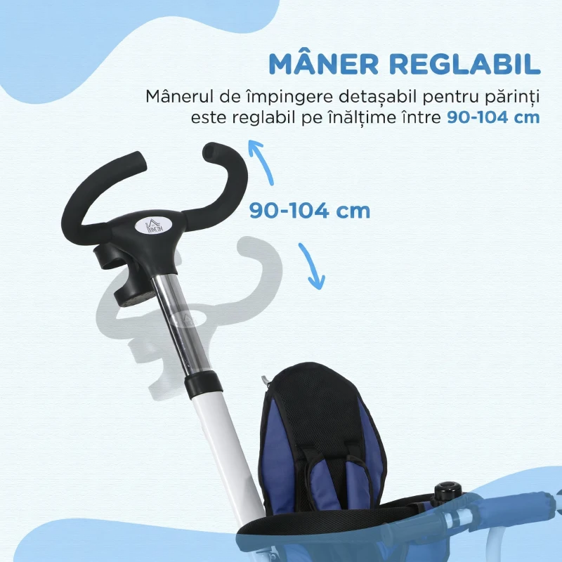 HOMCOM Triciclu Pătuț pentru Copii cu Mâner, Parasolar Reglabil și Centură de Siguranță, Albastru Închis