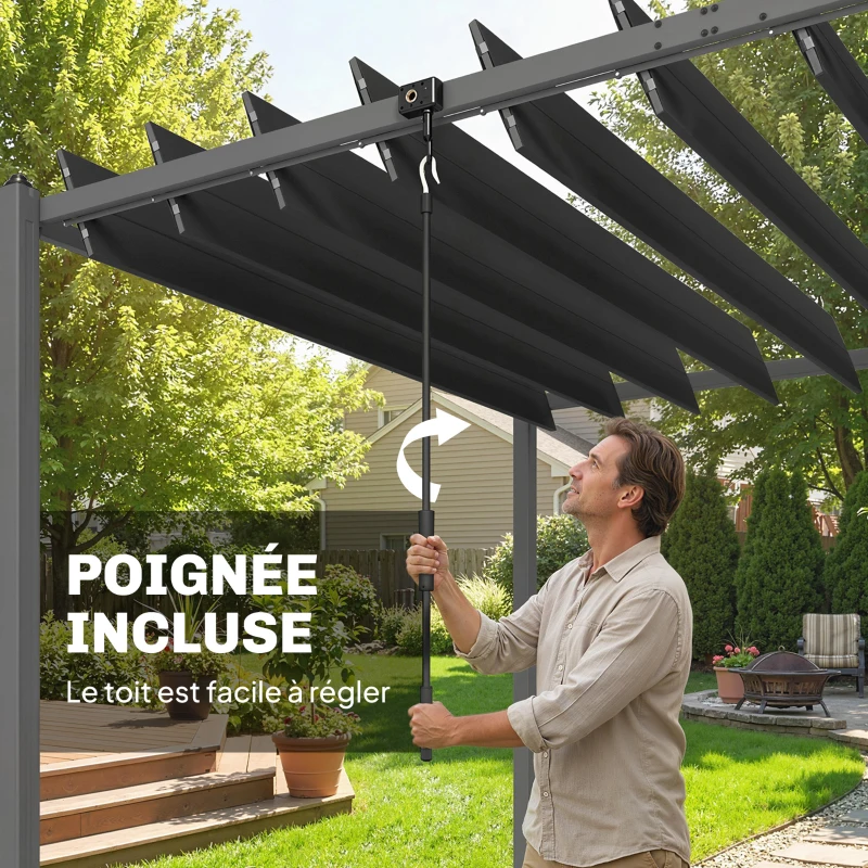 Outsunny Pergola Tonnelle de Jardin avec Toit à Lames Orientables 0-90° Grande Capacité 11 Personnes UV50+ 572x298x220cm Gris