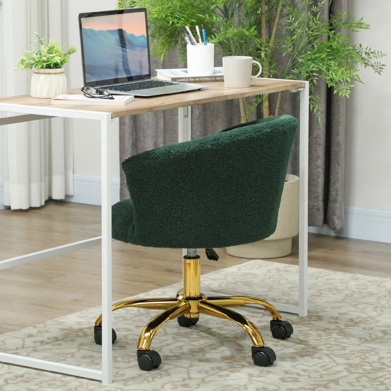 Vinsetto Sedia da Ufficio Girevole in Velluto Teddy, Struttura Acciaio, Altezza Regolabile, Portata 120kg, Verde Scuro