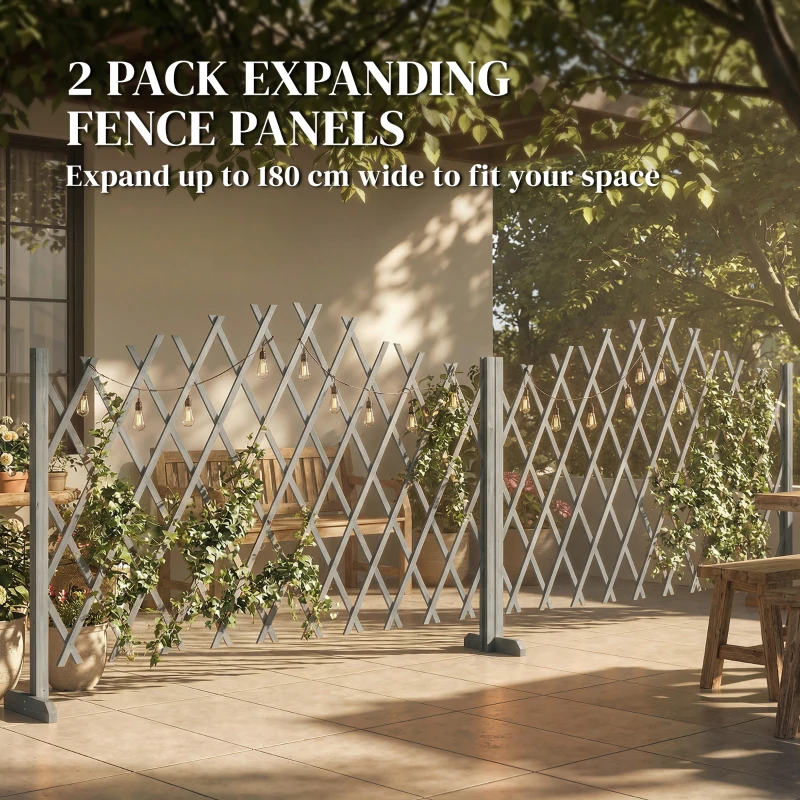 Outsunny 2 Pack Expanding Fence Panels, Wooden Freestanding Garden Fence with Stable Feet, 180 x 30 x 103cm, Dark Grey