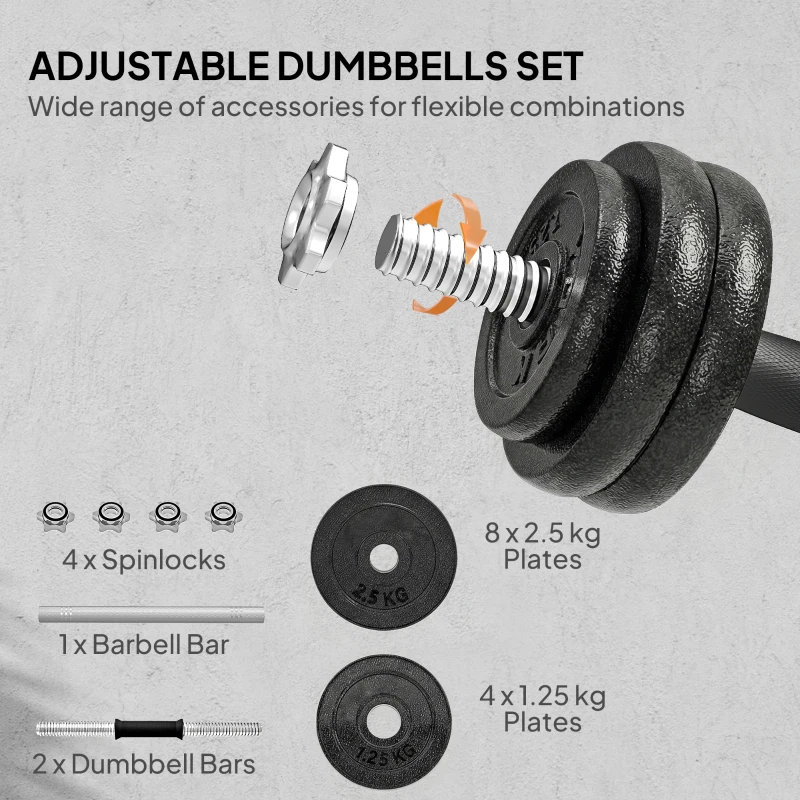 SPORTNOW 2-in-1 Adjustable Dumbbells Set, 30kg Cast Iron Weights Dumbbells Set with Non-Slip Grip for Strength Training, Weight Lifting, Bodybuilding, Home Gym Workout Equipment for Men & Women