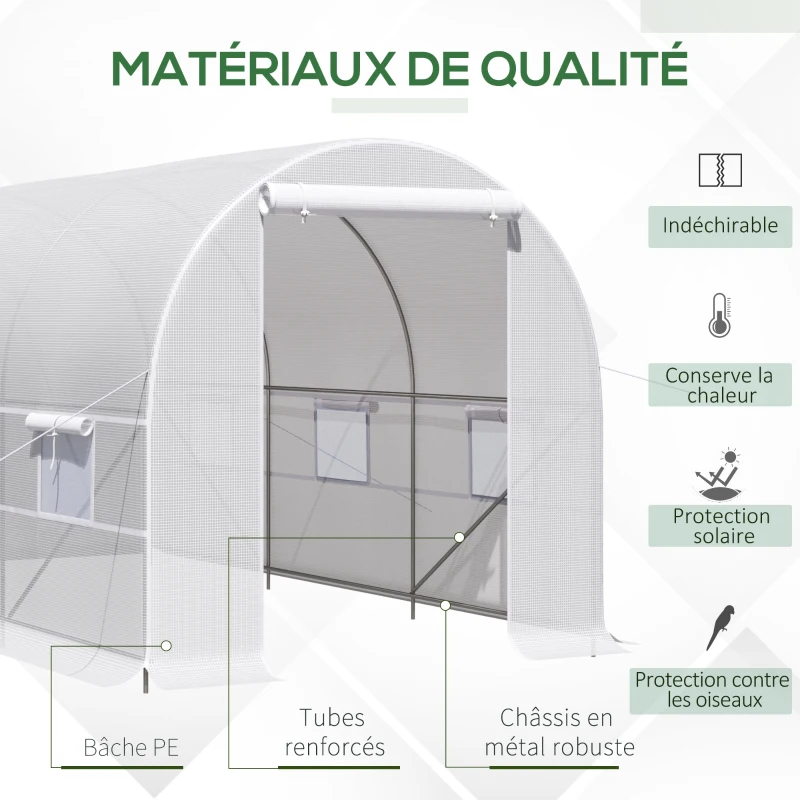 Outsunny Serre tunnel de jardin 8m², serre de jardin tunnel avec porte et 6 fenêtres, bâche PE 140 g/m² 400 x 200 x 200 cm blanc