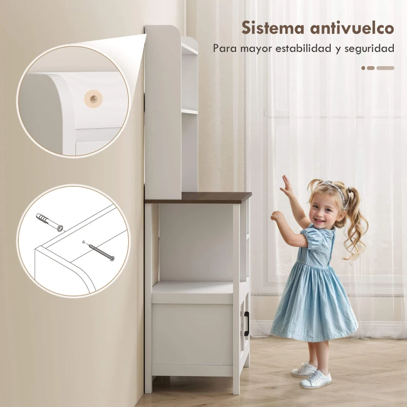 HOMCOM Alacena de Cocina con 6 Ganchos para Tazas 2 Puertas de Vidrio Estantes Abiertos 80x40x152 cm Blanco