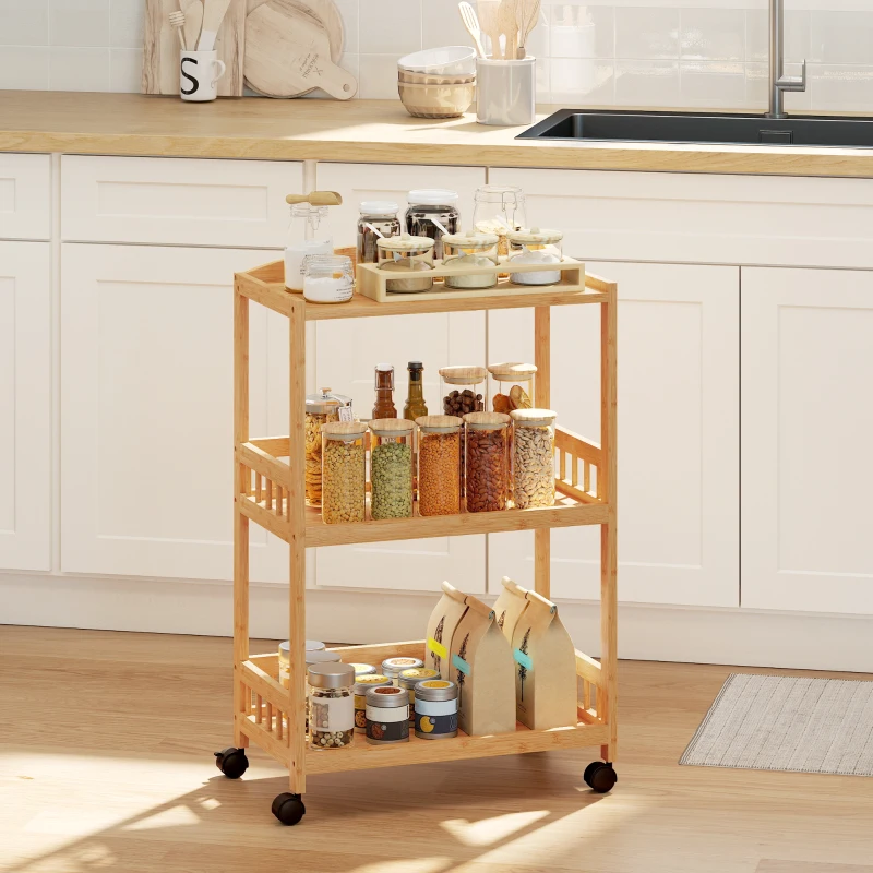 HOMCOM Chariot de cuisine à 3 niveaux, desserte à roulettes en bambou pour chambre, salon, bureau, 53x30,5x83cm, bois naturel