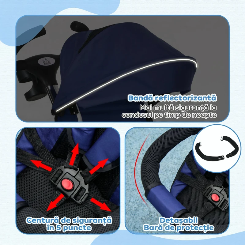 HOMCOM Triciclu Pătuț pentru Copii cu Mâner, Parasolar Reglabil și Centură de Siguranță, Albastru Închis