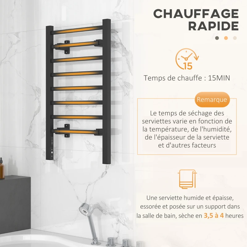 HOMCOM Sèche serviettes électrique, mural ou sur pied, 8 barres, minuterie 2/4 heures, alliage d'aluminium, 53x35x90cm, noir