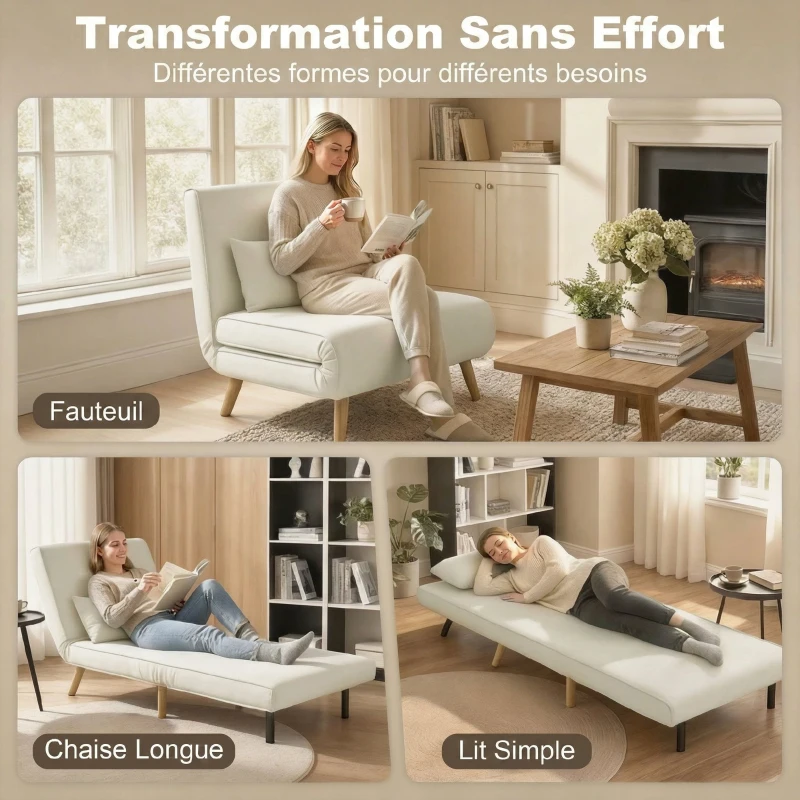 HOMCOM Fauteuil chauffeuse convertible 3 en 1 lit fauteuil lit 1 place dossier 5 positions en tissu avec coussin, crème