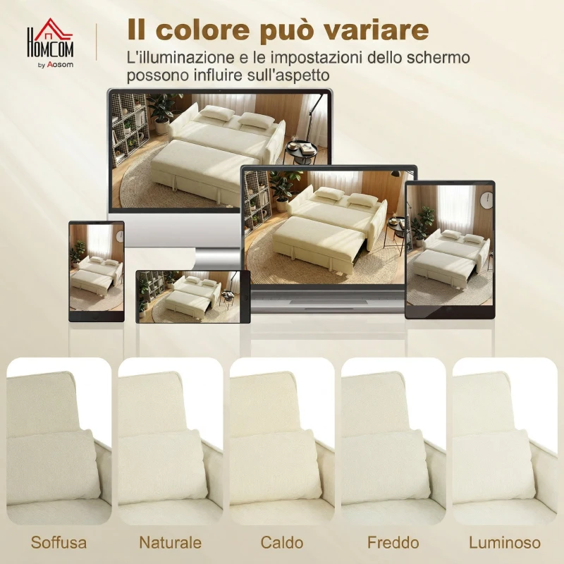 HOMCOM 3 in 1 Divano Letto 2 Posti con Schienale Regolabile in 3 Posizioni con 2 Cuscini, in Ciniglia, Beige