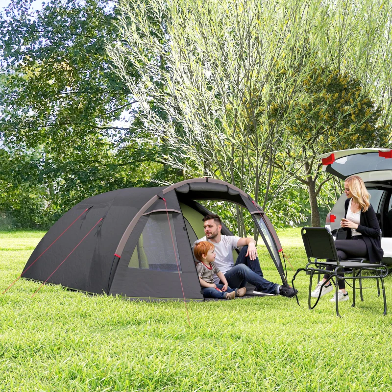 Outsunny Tente de camping familiale pour 2-4 personnes, tente tunnel imperméable 3000 mm 3 portes, 3,6 x 2,5 x 1,3 m, noir