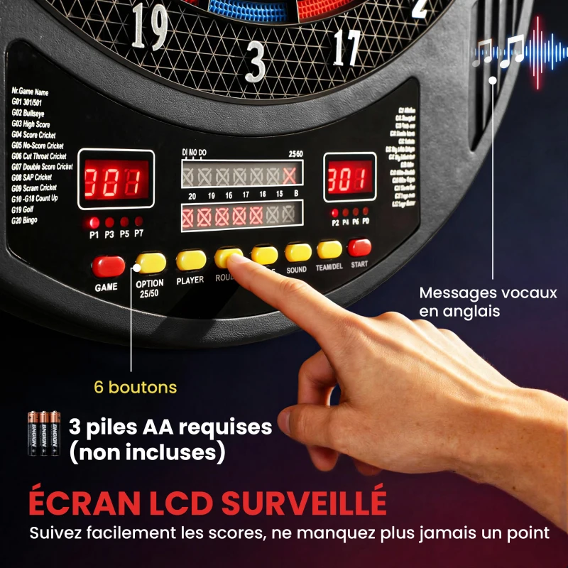 SPORTNOW Jeu de fléchettes électronique avec embouts souples, doubles écrans LED, 33 jeux, 202 variations, jusqu'à 8 joueurs
