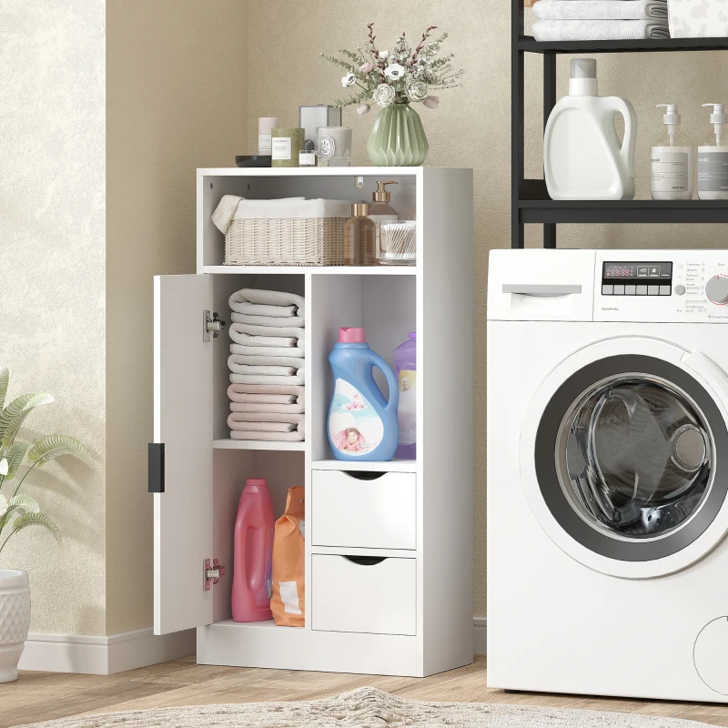 HOMCOM Meuble de salle de bain, meuble de rangement étroit avec 2 tiroirs, compartiments ouverts, 50x25x100cm, blanc