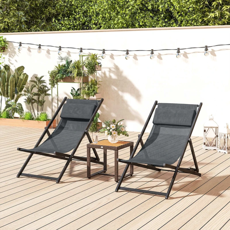Outsunny Conjunto de 2 Espreguiçadeiras Dobráveis de Alumínio com Encosto Ajustável em 5 Posições e Apoio de Cabeça 60x100x85 cm Cinzento