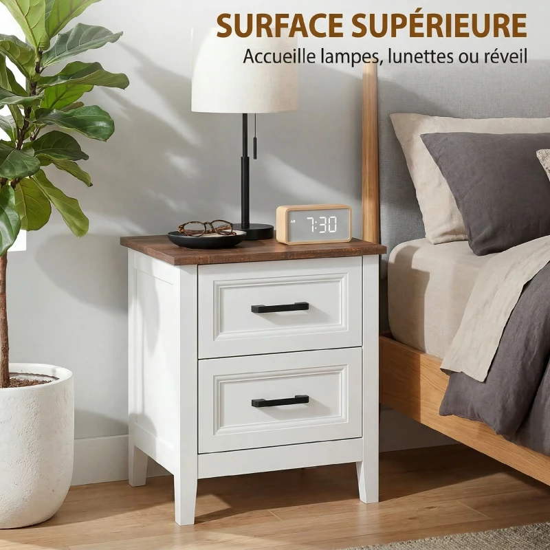 HOMCOM Table de chevet, table de nuit avec 2 tiroirs, plateau effet bois, style rustique, pour chambre à coucher, salon, blanc