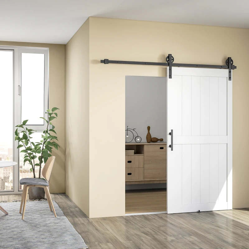HOMCOM 213.4cm Sliding Barn Door Kit, Sliding Door with Track, Hardware, Upgraded Rollers and Floor Guide, Handle, White
