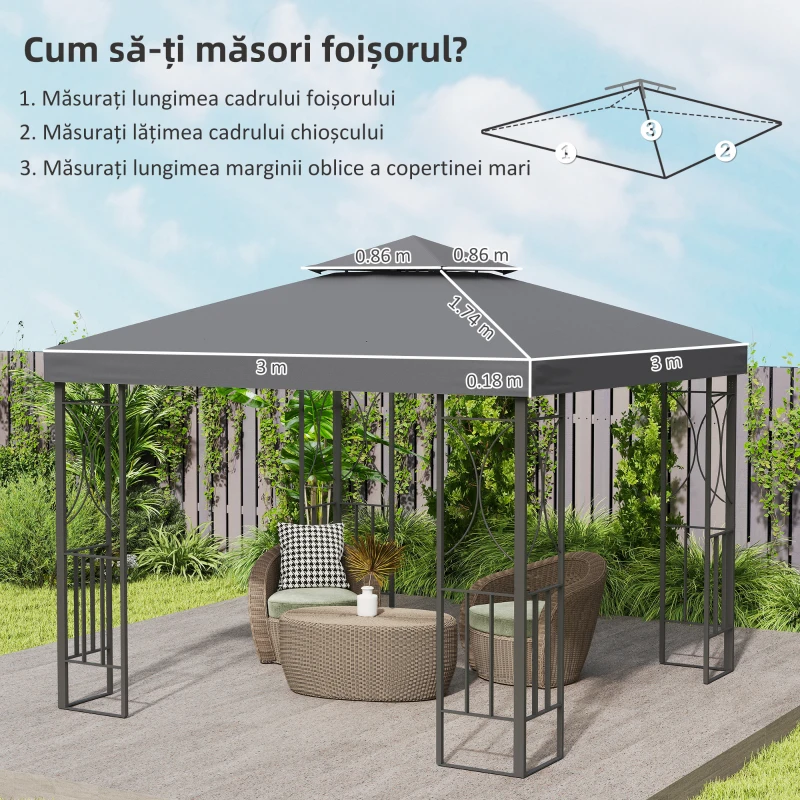 Outsunny Acoperiș de Rezervă pentru Foișor 3x3m cu Design pe Două Niveluri, Rezistent la Razele UV, Gri Închis