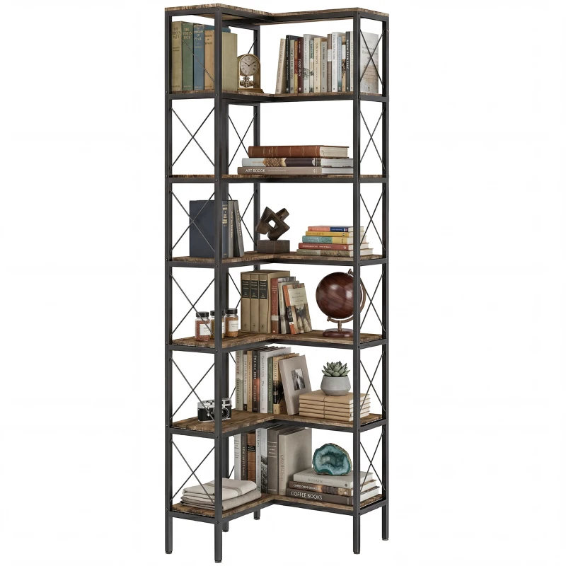 HOMCOM 6-stufiges L-förmiges Bücherregal, freistehendes Eckregal mit Metallrahmen, rustikal braun