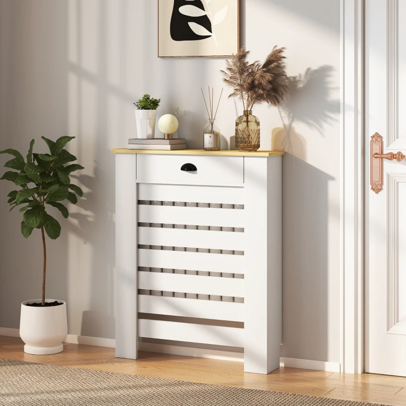 HOMCOM Couvercle de radiateur cache radiateur grille à lattes horizontales avec 2 tiroirs en bois 78l x 19P x 95,5H cm blanc