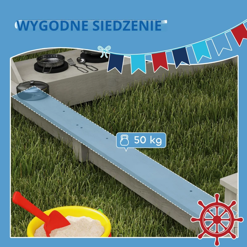 Drewniany piaskownica w kształcie statku z pokrywą i zestawem kuchennym