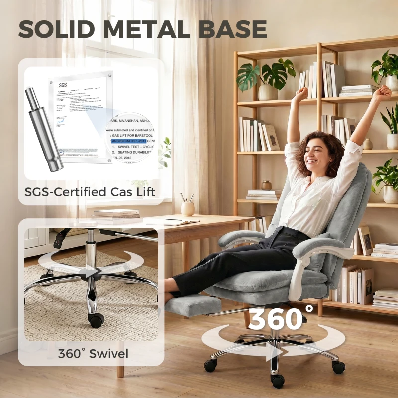 HOMCOM Scaun birou ergonomic, fotoliu de birou înclinabil din velur cu suport lombar, înălțime reglabilă, gri deschis