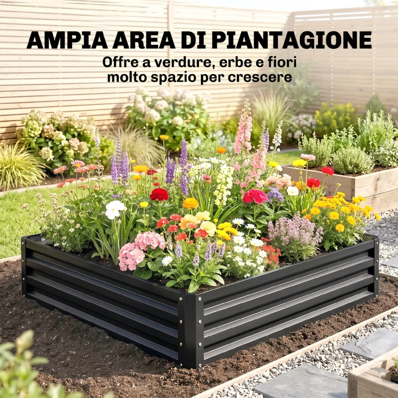 Outsunny Letto per Orto Rialzato a Fondo Aperto con Rivestimento, in Acciaio Zincato, 120x120x30 cm, Grigio