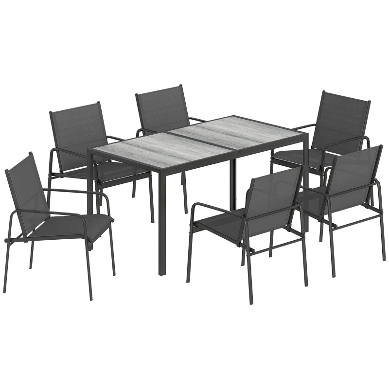 Outsunny Salon de Jardin Extérieur pour 6 Personnes, Table de Patio Effet Bois et Chaises avec Assise en Maille Respirante, Cadre en Acier Galvanisé, Noir