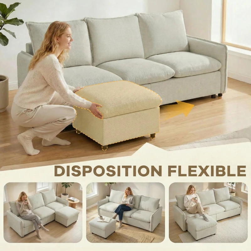 HOMCOM Canapé 3 places avec pouf de rangement, canapé d'angle modulable 212 cm, coussins à ressorts, tissu en lin, crème